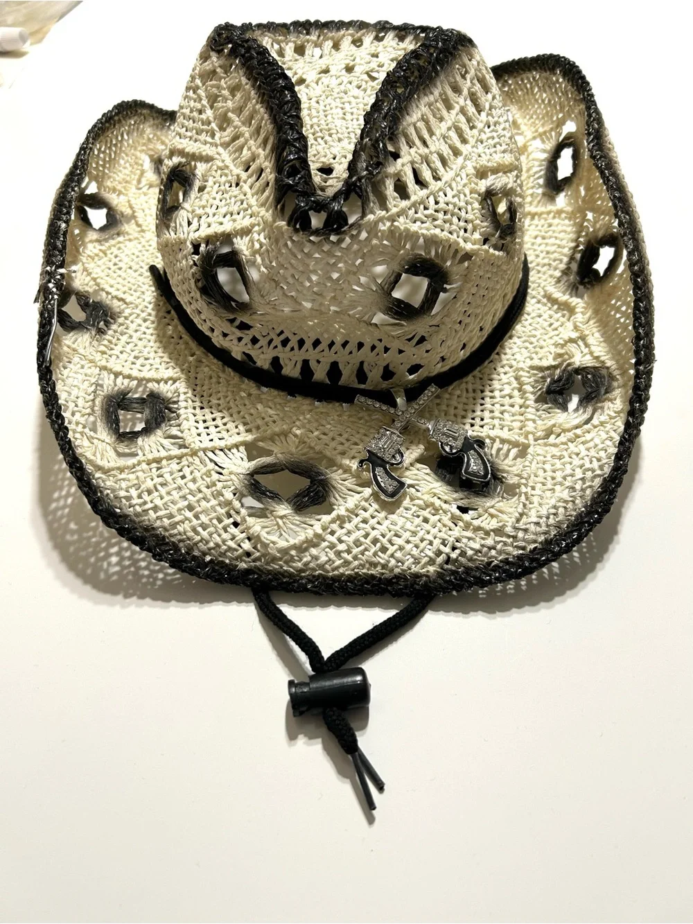 Handmade Straw Cowgirl Hat with Black Trim and Chin Cord